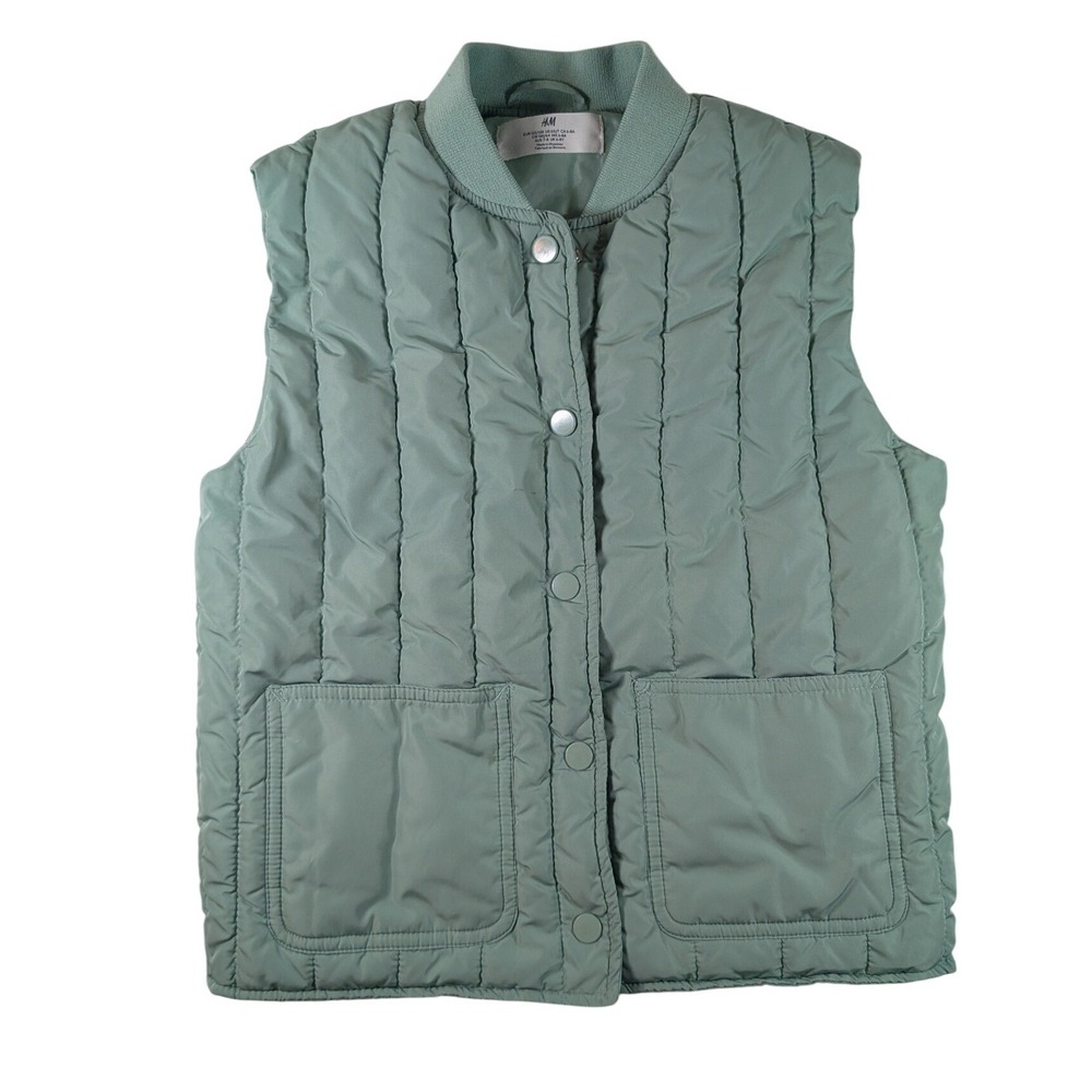 H&M Quilted Puffer Vest Kids 6X/7 Sage Green Snap Button Pockets Padded Layer